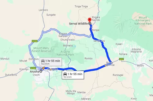 Distance from Arusha to Serval Wildlife