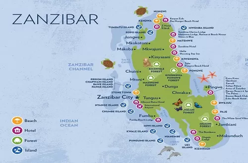 Zanzibar Map with beaches and hotels